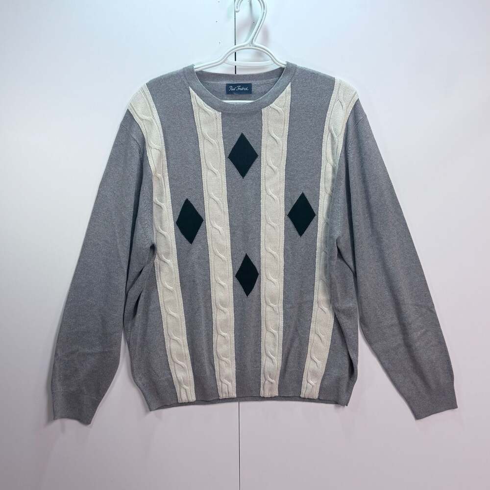Paul Fredrick Men's Grey and White Diamond Cable Knit Crewneck Sweater